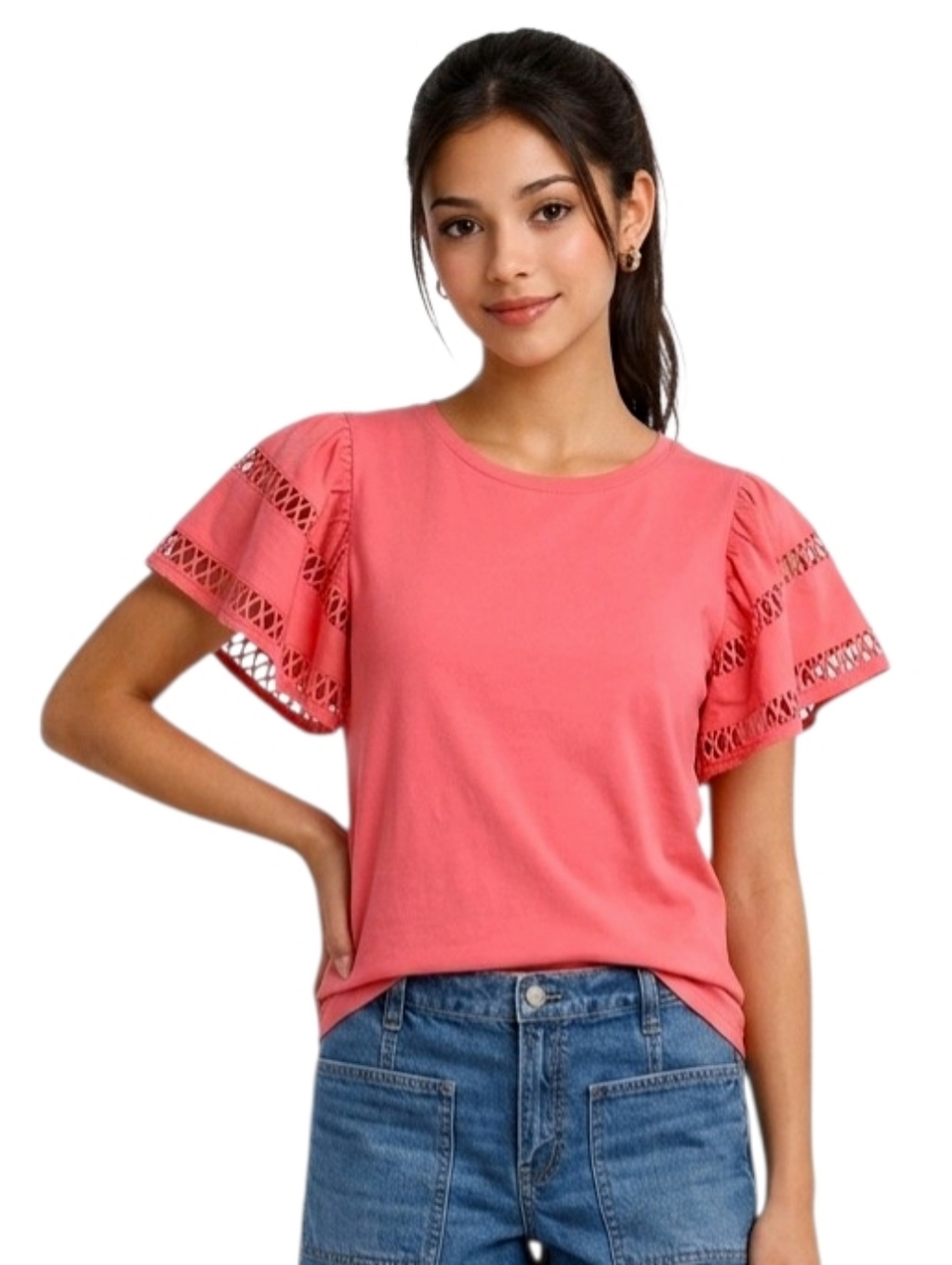 Self Contrast Coral Flutter-Sleeve Cutwork Cotton Top Size XS